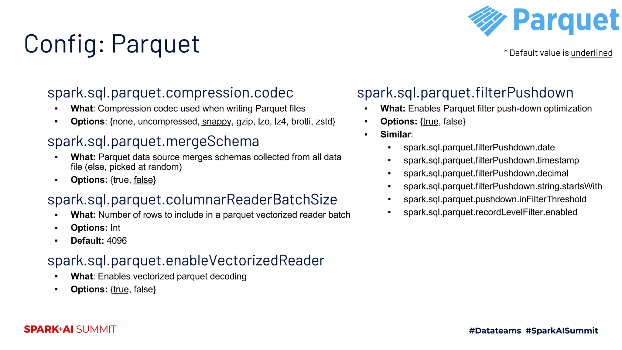 Config: Parquet spark.sql.parquet.compression.codec ▪ What: Compression codec used when writing Parquet files ▪ Options: {none, uncompressed, snappy, gzip, lzo, lz4, brotli, zstd} spark.sql.parquet.mergeSchema ▪ What: Parquet data source merges schemas collected from all data file (else, picked at random) ▪ Options: {true, false} spark.sql.parquet.columnarReaderBatchSize ▪ What: Number of rows to include in a parquet vectorized reader batch ▪ Options: Int ▪ Default: 4096 spark.sql.parquet.enableVectorizedReader ▪ What: Enables vectorized parquet decoding ▪ Options: {true, false} spark.sql.parquet.filterPushdown ▪ What: Enables Parquet filter push-down optimization ▪ Options: {true, false} ▪ Similar: ▪ spark.sql.parquet.filterPushdown.date ▪ spark.sql.parquet.filterPushdown.timestamp ▪ spark.sql.parquet.filterPushdown.decimal ▪ spark.sql.parquet.filterPushdown.string.startsWith ▪ spark.sql.parquet.pushdown.inFilterThreshold ▪ spark.sql.parquet.recordLevelFilter.enabled * Default value is underlined 