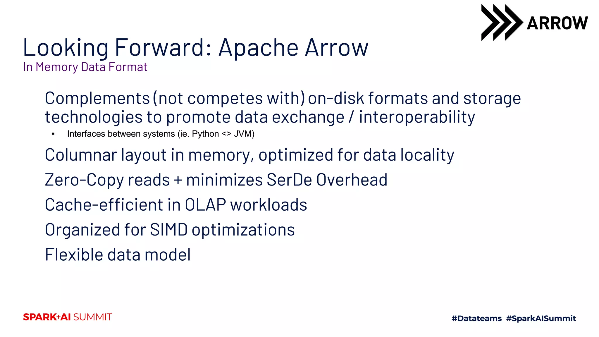 Looking Forward: Apache Arrow Complements (not competes with) on-disk formats and storage technologies to promote data exchange / interoperability ▪ Interfaces between systems (ie. Python <> JVM) Columnar layout in memory, optimized for data locality Zero-Copy reads + minimizes SerDe Overhead Cache-efficient in OLAP workloads Organized for SIMD optimizations Flexible data model In Memory Data Format 