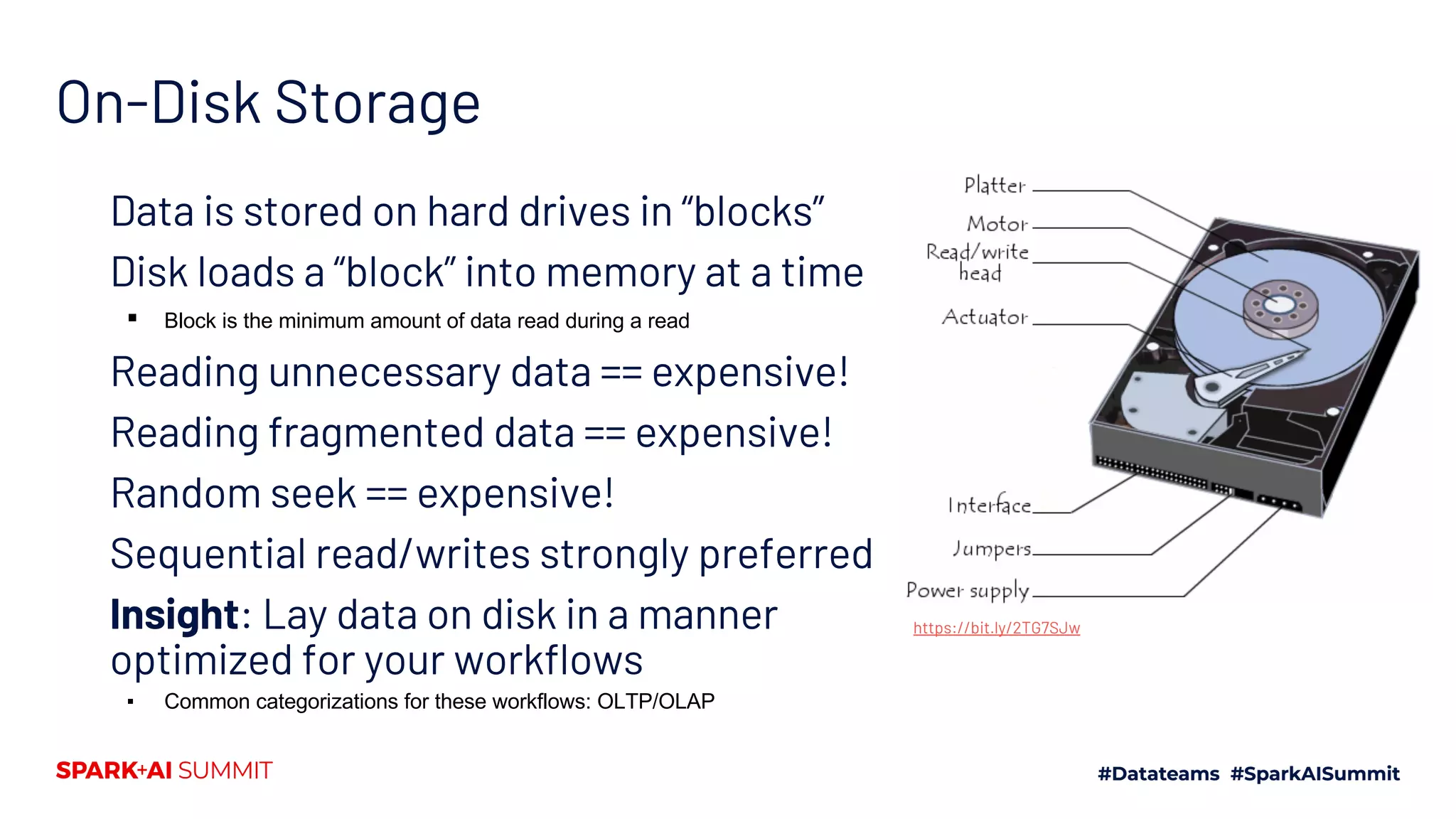 On-Disk Storage Data is stored on hard drives in “blocks” Disk loads a “block” into memory at a time ▪ Block is the minimum amount of data read during a read Reading unnecessary data == expensive! Reading fragmented data == expensive! Random seek == expensive! Sequential read/writes strongly preferred Insight: Lay data on disk in a manner optimized for your workflows ▪ Common categorizations for these workflows: OLTP/OLAP https://bit.ly/2TG7SJw 