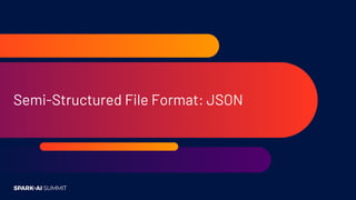About: JSON
Specified in early 2000s
Self-Describing
Row-based
Human Readable
Compressible
Splittable (in some cases)
Supp...