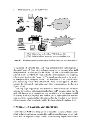 of operation of separate data and voice communication infrastructures is
shown in Figure 1-3. In an integrated communication environment, when VoIP
is implemented, the same physical T1 and/or DSL link to the service provider’s
network can be used for both voice and data communications. The integrated
infrastructure is shown in Figure 1-4. The details are discussed in the context
of next-generation enterprise networks in Reference 6. One possible enter-
prise networking scenario that utilizes both IP and various types of DSL tech-
nologies for integrated voice, data, and video communications is shown in
Figure 1-5 [6].
For very large corporations with nationwide branch o‰ces and for multi-
national corporations with international o‰ces, VoIP implementation may be
preferable because such corporations may already have a large operational IP
or overlay-IP network in place. The addition of VoIP service in such networks
may need some incremental investments and has the potential to save the sig-
niﬁcant amount of money that is paid for leasing traditional telephone lines.
FUNCTIONALLY LAYERED ARCHITECTURES
The traditional PSTN switching system is monolithic in nature, that is, almost
all of its functionalities are contained in and integrated into one network ele-
ment. This paradigm encourages vendors to use as many proprietary interfaces
Figure 1-3 The elements and their interconnection in a traditional enterprise network.
6 BACKGROUND AND INTRODUCTION
 
