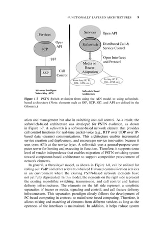 ation and management but also in switching and call control. As a result, the
softswitch-based architecture was developed for PSTN evolution, as shown
in Figure 1-7. A softswitch is a software-based network element that provides
call control functions for real-time packet-voice (e.g., RTP over UDP over IP-
based data streams) communications. This architecture enables incremental
service creation and deployment, and encourages service innovation because it
uses open APIs at the service layer. A softswitch uses a general-purpose com-
puter server for hosting and executing its functions. Therefore, it supports some
level of vendor independence that enables migration of PSTN switching system
toward component-based architecture to support competitive procurement of
network elements.
In general, a three-layer model, as shown in Figure 1-8, can be utilized for
rolling out VoIP and other relevant enhanced IP-based communication services
in an environment where the existing PSTN-based network elements have
not yet fully depreciated. In this model, the elements on the right side represent
the existing monolithic switching, transmission, and call control and feature
delivery infrastructures. The elements on the left side represent a simplistic
separation of bearer or media, signaling and control, and call feature delivery
infrastructures. This separation paradigm closely follows the development of
PC-based computing in contrast to mainframe-based computing. Therefore, it
allows mixing and matching of elements from di¤erent vendors as long as the
openness of the interfaces is maintained. In addition, it helps reduce system
Figure 1-7 PSTN Switch evolution from using the AIN model to using softswitch-
based architecture (Note: elements such as SSP, SCP, SS7, and API are deﬁned in the
Glossary.)
FUNCTIONALLY LAYERED ARCHITECTURES 9
 
