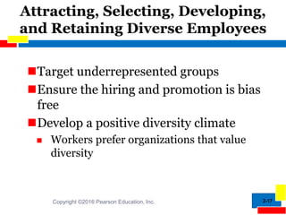 2-17
Attracting, Selecting, Developing,
and Retaining Diverse Employees
Target underrepresented groups
Ensure the hiring and promotion is bias
free
Develop a positive diversity climate
 Workers prefer organizations that value
diversity
Copyright ©2016 Pearson Education, Inc.
 
