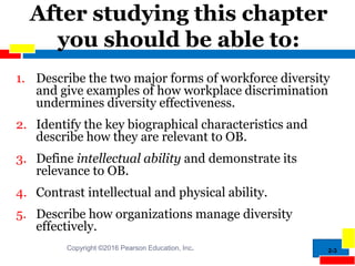 2-3
After studying this chapter
you should be able to:
1. Describe the two major forms of workforce diversity
and give examples of how workplace discrimination
undermines diversity effectiveness.
2. Identify the key biographical characteristics and
describe how they are relevant to OB.
3. Define intellectual ability and demonstrate its
relevance to OB.
4. Contrast intellectual and physical ability.
5. Describe how organizations manage diversity
effectively.
Copyright ©2016 Pearson Education, Inc.
 