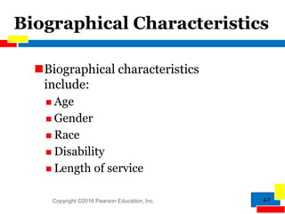 2-7
Biographical Characteristics
Biographical characteristics
include:
 Age
 Gender
 Race
 Disability
 Length of service
Copyright ©2016 Pearson Education, Inc.
 