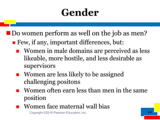 2-9
Gender
Do women perform as well on the job as men?
 Few, if any, important differences, but:
 Women in male domains are perceived as less
likeable, more hostile, and less desirable as
supervisors
 Women are less likely to be assigned
challenging positons
 Women often earn less than men in the same
position
 Women face maternal wall bias
Copyright ©2016 Pearson Education, Inc.
 