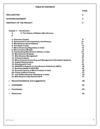 TABLE OF CONTENTS
PAGE
*DECLARATION 4
*ACKNOWLEDGEMENT 5
*ABSTRACT OF THE PROJECT 6
Chapter 1- Introduction
8 2- The History of Modern Microfinance
8
3- Overview Chapter 9
4- Government’s role supporting microfinance 12
5- Microfinance Social Aspects 13
6- The Need in India 14
7- Micro-Financing Regulation in India 14
8- Micro Finance Models 16
9- Coordinating Microfinance Efforts in India 18
10- Microfinance Strategic 19
11- Microfinance Management 22
12- Critical Analysis 27
13- Micro-Finance Accounting and Management Information Systems 34
14- Capital Requirements 41
15- Development Fund 43
16- NABARD's Support to microfinance Institutions (MFIs) 45
17- Business Model of KDS MFI 46
19- Success Factors of Micro-Finance in India 56
20- Future of Micro Finance 57
21- Top 50 Microfinance Institutions in India 59
22- Microfinance India Summit 2010 61
• Recommendations and suggestions 62
• ACRONOMY 62
• Conclusion 63
• References 64
| P a g e 7
 