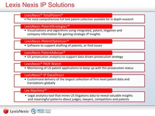 Lexis Nexis IP Solutions
•The most comprehensive full-text patent collection available for in depth research
LexisNexis® TotalPatent®
• Visualisations and algorithms using integrated, patent, litigation and
company information for gaining strategic IP insights
LexisNexis PatentStrategies™
• Software to support drafting of patents, or find issues
LexisNexis PatentOptimizer®
• US prosecution analytics to support data driven prosecution strategy
LexisNexis PatentAdvisor®
• Monitoring of US patent applications to keep up with the prosecution status
LexisNexis® PAIR Watch
• Customised delivery of the largest collection of first-level patent data and
translations globally
LexisNexis® IP DataDirect
• Legal analytics tool that mines US litigations data to reveal valuable insights
and meaningful patterns about judges, lawyers, competitors and patents
Lex Machina™
 