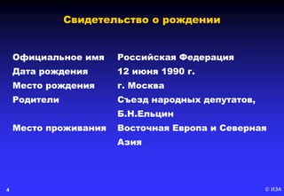 © ИЭА4
Официальное имя Российская Федерация
Дата рождения 12 июня 1990 г.
Место рождения г. Москва
Родители Съезд народных депутатов,
Б.Н.Ельцин
Место проживания Восточная Европа и Северная
Азия
Свидетельство о рождении
 