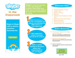Skype is a free and easy way
                                                       Classroom Ideas
            to make calls using your
            computer. Follow these easy
            steps and you and your students       •   Foreign Language Lessons
                                                      Author Visits
  In the    are on the way to connecting to       •
            the world.                            •   Remote Tutoring
Classroom                                         •
                                                  •
                                                      Podcasts
                                                      Sharing Travel Experiences in Real
                                                      Time
                                                  •   Share Class Work with Parents
                 Make sure your pc or             •   Book Discussions
               Mac has a microphone and           •   Reference Services
               webcam and download the            •   Absent Student Can “Attend Class”
                   FREE software at
                   www.skype.com

                                                       Online Resources
                                              •   50 Awesome Ways to Use Skype
                    Open application,             in the Classroom
                                                  http://www.teachingdegree.org/2009/06/30/50-
                   create a username,             awesome-ways-to-use-skype-in-the-classroom/
                 and search for contacts.
                                              •   Skyping in the Classroom
                                                  http://www.wtvi.com/TEKS/05_06_articles/skype-in-
                                                  the-classroom.html

                                              • Skype at School
                      Make a call by          •   http://www.dummies.com/how-to/content/using-skype-
                                                  at-school.html
                  clicking on the green
                       phone icon.
                    Congratulations!                             Lincoln LLC
                                                                708-366-6648
                     You can Skype!                          llc@district90.org

                                                                  July, 2009
 