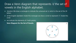 Draw a Venn diagram that represents V, the set of
vowels in the English alphabet.
 Solution: We draw a rectangle to indicate the universal set U, which is the set of the 26
letters
 of the English alphabet. Inside this rectangle we draw a circle to represent V . Inside this
circle
 we indicate the elements of V with points •
Venn Diagram for the Set of Vowels.
 