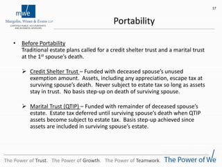 Portability
• Before Portability
Traditional estate plans called for a credit shelter trust and a marital trust
at the 1st spouse’s death.
 Credit Shelter Trust – Funded with deceased spouse’s unused
exemption amount. Assets, including any appreciation, escape tax at
surviving spouse’s death. Never subject to estate tax so long as assets
stay in trust. No basis step-up on death of surviving spouse.
 Marital Trust (QTIP) – Funded with remainder of deceased spouse’s
estate. Estate tax deferred until surviving spouse’s death when QTIP
assets become subject to estate tax. Basis step-up achieved since
assets are included in surviving spouse’s estate.
17
The Power of Trust. The Power of Growth. The Power of Teamwork.
 