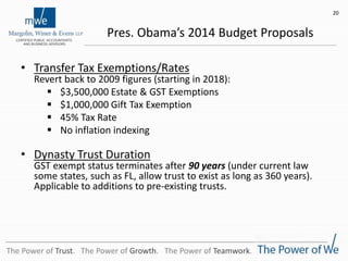 Pres. Obama’s 2014 Budget Proposals
• Transfer Tax Exemptions/Rates
Revert back to 2009 figures (starting in 2018):
 $3,500,000 Estate & GST Exemptions
 $1,000,000 Gift Tax Exemption
 45% Tax Rate
 No inflation indexing
• Dynasty Trust Duration
GST exempt status terminates after 90 years (under current law
some states, such as FL, allow trust to exist as long as 360 years).
Applicable to additions to pre-existing trusts.
20
The Power of Trust. The Power of Growth. The Power of Teamwork.
 