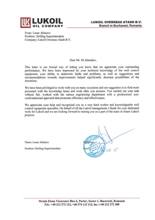 letter of recogniiton frm Lukoil Overseas