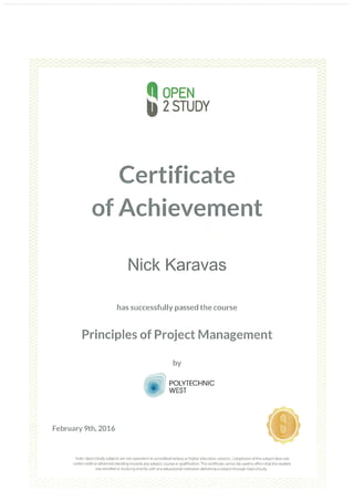 Certificate of Achievement for Principals of Project Management