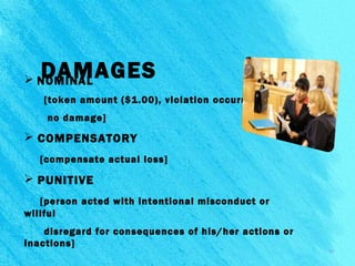  NOMINAL
[token amount ($1.00), violation occurred,
no damage]
 COMPENSATORY
[compensate actual loss]
 PUNITIVE
[person acted with intentional misconduct or
willful
disregard for consequences of his/her actions or
inactions]
12
DAMAGES
 