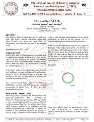 @ IJTSRD | Available Online @ www.ijtsrd.com
ISSN No: 2456
International
Research
APIs and Restful APIs
Mithilesh Tarkar
Swami Vivekanand Institute of Technology
ABSTRACT
This Research Paper is about Restful API and Rest
APIs. This Paper Presents Description about how
APIS Restful APIs work and how they are
implemented and why they are used in the modern
world.
Keywords: Restful APIs, APIs
INTRODUCTION
Restful APIs and APIs have become an essential tool
of backend development. Without APIs , there will be
a lot of security issues in the system. The Modern
Mobile and Web Development world essential rely on
Restful APIs and APIs for authentication,
and Submitting Data.
A Good API makes it easy for the developer to work
with, and helps to create really powerful applications.
Design of an API has to be in such a way that, the
user should not have anything visible in terms of the
complex structure of the API.
The Entire Research Paper explains 1) What are
APIs2) How are they used. 3) What are the required
technologies to create APIs. 4) Why are they
important and must use.
RESEARCH ELABORATIONS
After doing a lot of research work. I can
following elaborations. API - standings for
Application Programming interfaces. APIs are helpful
to have a centralized backend system for a mobile and
a web application. For E.g.: if a college has website
which registers students in its database. And the
college wants to develop a mobile app , to register the
students in their database. However the college is
already using a Database for the website. So they in
@ IJTSRD | Available Online @ www.ijtsrd.com | Volume – 2 | Issue – 5 | Jul-Aug
ISSN No: 2456 - 6470 | www.ijtsrd.com | Volume
International Journal of Trend in Scientific
Research and Development (IJTSRD)
International Open Access Journal
APIs and Restful APIs
Mithilesh Tarkar1
, Ameya Parker2
1
Student, 2
Professor
Swami Vivekanand Institute of Technology (VESIT),
Chembur, Mumbai, India
This Research Paper is about Restful API and Rest
This Paper Presents Description about how
Restful APIs work and how they are
implemented and why they are used in the modern
Restful APIs and APIs have become an essential tool
of backend development. Without APIs , there will be
a lot of security issues in the system. The Modern
Mobile and Web Development world essential rely on
Restful APIs and APIs for authentication, Fetching
A Good API makes it easy for the developer to work
with, and helps to create really powerful applications.
Design of an API has to be in such a way that, the
user should not have anything visible in terms of the
explains 1) What are
3) What are the required
technologies to create APIs. 4) Why are they
After doing a lot of research work. I can represent the
standings for
Application Programming interfaces. APIs are helpful
to have a centralized backend system for a mobile and
: if a college has website
which registers students in its database. And the
college wants to develop a mobile app , to register the
database. However the college is
already using a Database for the website. So they in
order to keep using the same database for the mobile
application, as well as for the website.
implementation can be used to solve this problem.
With an API, the Developer only has to design the
front end of the mobile application. The backend of
the application will be the same as that of its website.
The Developer has to do API Calls to f
display the data, push the data and to delete the data.
In My Research i also found out that, API are also
used for live data updates. Where there is a pie chart
of attendance.
Example 1:
*The Above Figure shows the attendance of Class 1
A, Class 1 B and Class 2 A , where the data is
updated whenever the attendance is taken through a
live API.
2018 Page: 319
6470 | www.ijtsrd.com | Volume - 2 | Issue – 5
Scientific
(IJTSRD)
Open Access Journal
he same database for the mobile
application, as well as for the website. An API
implementation can be used to solve this problem.
, the Developer only has to design the
front end of the mobile application. The backend of
the application will be the same as that of its website.
The Developer has to do API Calls to fetch the data,
display the data, push the data and to delete the data.
In My Research i also found out that, API are also
used for live data updates. Where there is a pie chart
The Above Figure shows the attendance of Class 1
A, Class 1 B and Class 2 A , where the data is
updated whenever the attendance is taken through a
 