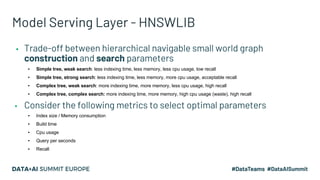 Model Serving Layer - HNSWLIB
▪ Trade-off between hierarchical navigable small world graph
construction and search parameters
▪ Simple tree, weak search: less indexing time, less memory, less cpu usage, low recall
▪ Simple tree, strong search: less indexing time, less memory, more cpu usage, acceptable recall
▪ Complex tree, weak search: more indexing time, more memory, less cpu usage, high recall
▪ Complex tree, complex search: more indexing time, more memory, high cpu usage (waste), high recall
▪ Consider the following metrics to select optimal parameters
▪ Index size / Memory consumption
▪ Build time
▪ Cpu usage
▪ Query per seconds
▪ Recall
 