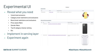 Experimental UI
▪ Reveal what you need
▪ Variant level exclusions
▪ Category level restrictions and exclusions
▪ Brand level restrictions and exclusions
▪ Price aware filters
▪ Gender filters
▪ Top-N category diverse ranking
▪ Etc.
▪ Implement in serving layer
▪ Experiment again
 