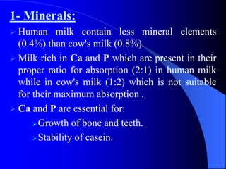 1- Minerals:
 Human milk contain less mineral elements
(0.4%) than cow's milk (0.8%).
 Milk rich in Ca and P which are present in their
proper ratio for absorption (2:1) in human milk
while in cow's milk (1:2) which is not suitable
for their maximum absorption .
 Ca and P are essential for:
Growth of bone and teeth.
Stability of casein.
 