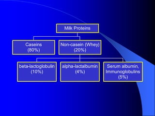 Caseins
(80%)
beta-lactoglobulin
(10%)
alpha-lactalbumin
(4%)
Serum albumin,
Immunoglobulins
(5%)
Non-casein (Whey)
(20%)
Milk Proteins
 