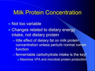 Milk Protein Concentration
 Not too variable
 Changes related to dietary energy
intake, not dietary protein
– little effect of dietary fat on milk protein
concentration unless perturb normal rumen
function
– fermentable carbohydrate intake is the key!
 Maximize VFA and microbial protein production
 