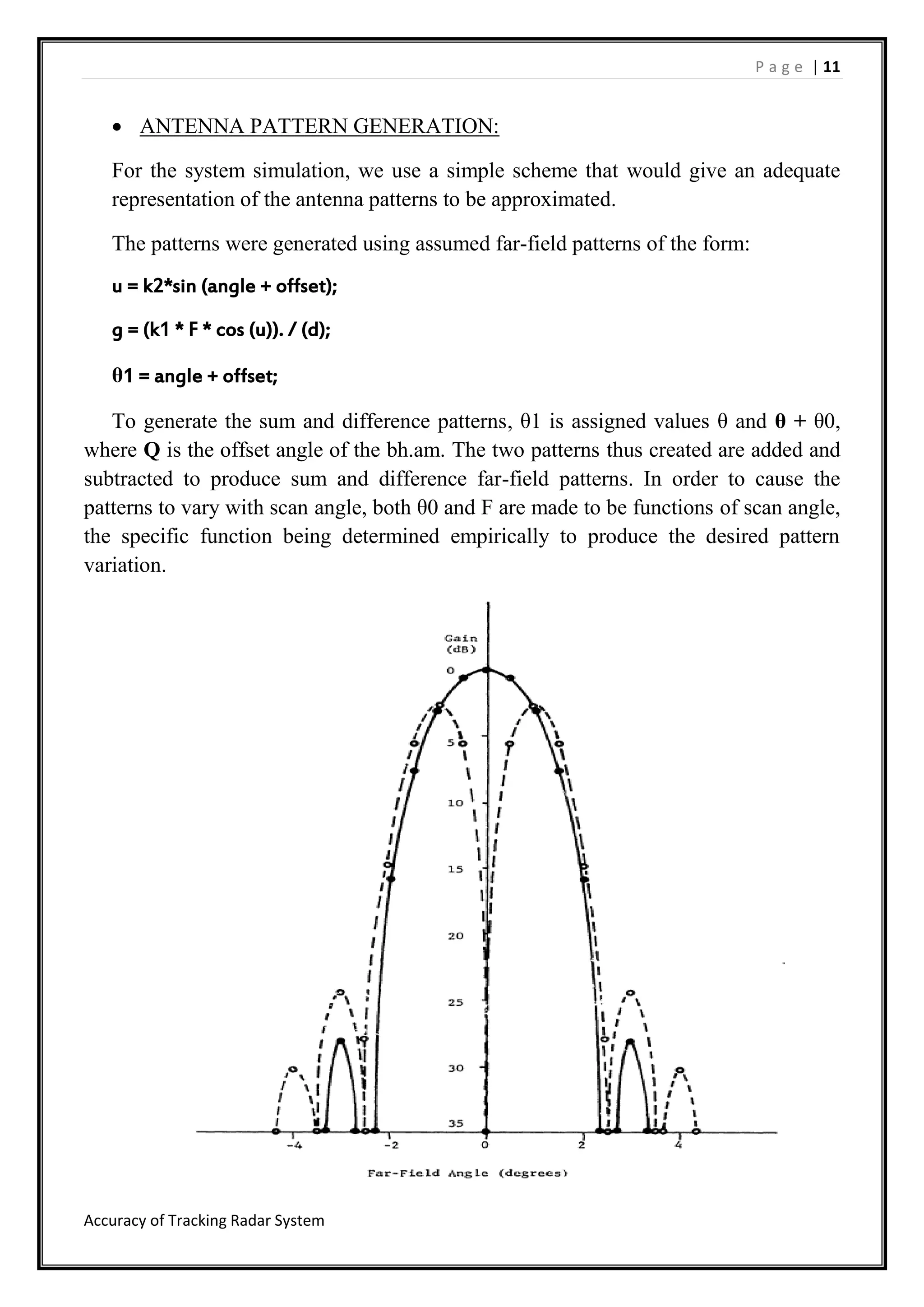 P a g e | 11
Accuracy of Tracking Radar System
 ANTENNA PATTERN GENERATION:
For the system simulation, we use a simple scheme that would give an adequate
representation of the antenna patterns to be approximated.
The patterns were generated using assumed far-field patterns of the form:
u = k2*sin (angle + offset);
g = (k1 * F * cos (u)). / (d);
θ1 = angle + offset;
To generate the sum and difference patterns, θ1 is assigned values θ and θ + θ0,
where Q is the offset angle of the bh.am. The two patterns thus created are added and
subtracted to produce sum and difference far-field patterns. In order to cause the
patterns to vary with scan angle, both θ0 and F are made to be functions of scan angle,
the specific function being determined empirically to produce the desired pattern
variation.
 