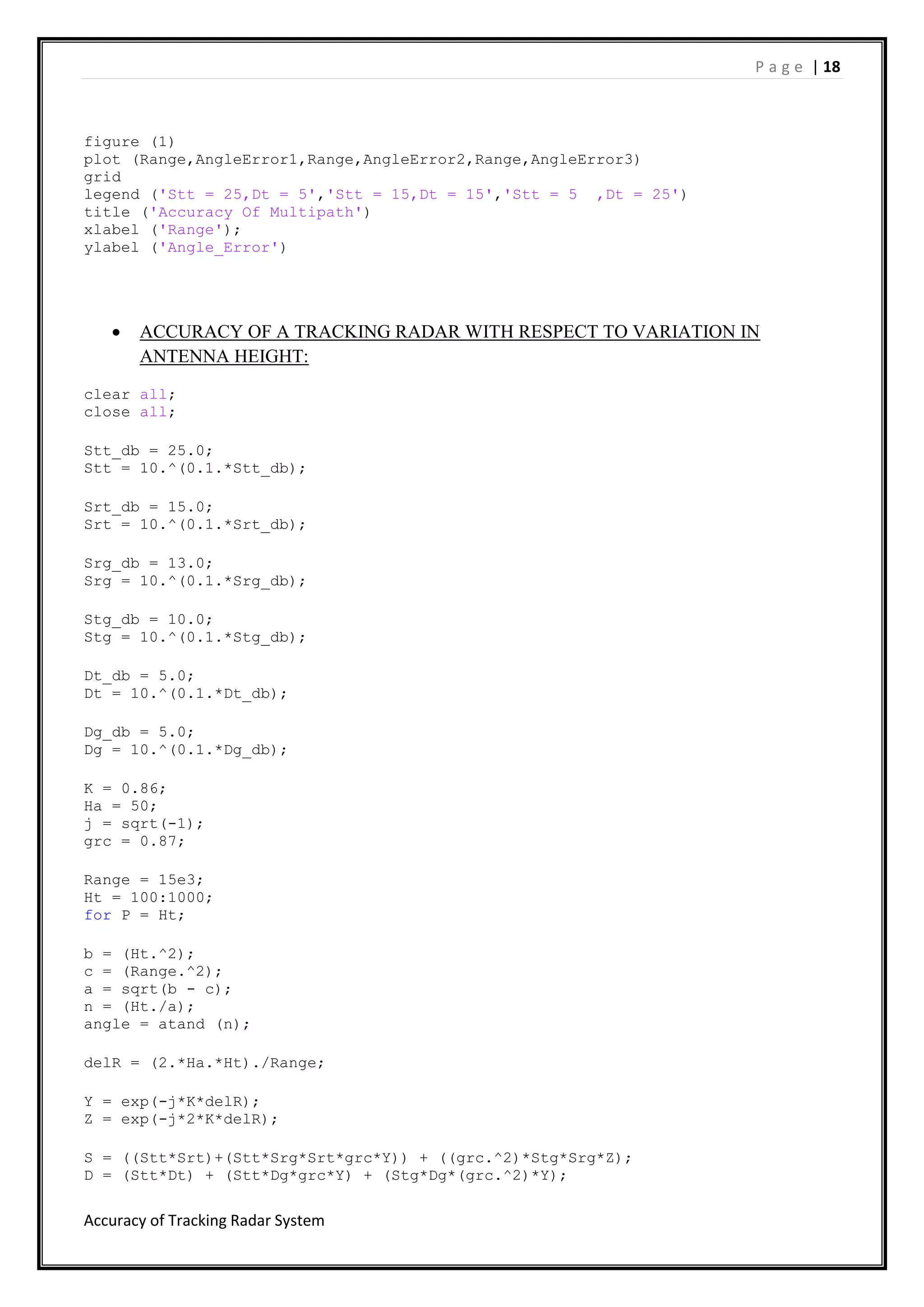 P a g e | 18
Accuracy of Tracking Radar System
figure (1)
plot (Range,AngleError1,Range,AngleError2,Range,AngleError3)
grid
legend ('Stt = 25,Dt = 5','Stt = 15,Dt = 15','Stt = 5 ,Dt = 25')
title ('Accuracy Of Multipath')
xlabel ('Range');
ylabel ('Angle_Error')
 ACCURACY OF A TRACKING RADAR WITH RESPECT TO VARIATION IN
ANTENNA HEIGHT:
clear all;
close all;
Stt_db = 25.0;
Stt = 10.^(0.1.*Stt_db);
Srt_db = 15.0;
Srt = 10.^(0.1.*Srt_db);
Srg_db = 13.0;
Srg = 10.^(0.1.*Srg_db);
Stg_db = 10.0;
Stg = 10.^(0.1.*Stg_db);
Dt_db = 5.0;
Dt = 10.^(0.1.*Dt_db);
Dg_db = 5.0;
Dg = 10.^(0.1.*Dg_db);
K = 0.86;
Ha = 50;
j = sqrt(-1);
grc = 0.87;
Range = 15e3;
Ht = 100:1000;
for P = Ht;
b = (Ht.^2);
c = (Range.^2);
a = sqrt(b - c);
n = (Ht./a);
angle = atand (n);
delR = (2.*Ha.*Ht)./Range;
Y = exp(-j*K*delR);
Z = exp(-j*2*K*delR);
S = ((Stt*Srt)+(Stt*Srg*Srt*grc*Y)) + ((grc.^2)*Stg*Srg*Z);
D = (Stt*Dt) + (Stt*Dg*grc*Y) + (Stg*Dg*(grc.^2)*Y);
 