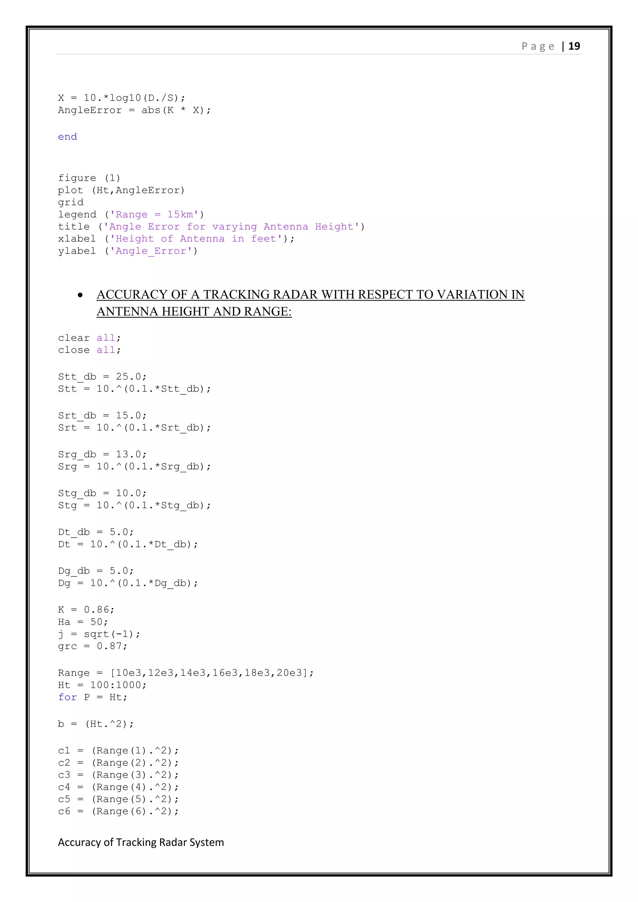 P a g e | 19
Accuracy of Tracking Radar System
X = 10.*log10(D./S);
AngleError = abs(K * X);
end
figure (1)
plot (Ht,AngleError)
grid
legend ('Range = 15km')
title ('Angle Error for varying Antenna Height')
xlabel ('Height of Antenna in feet');
ylabel ('Angle_Error')
 ACCURACY OF A TRACKING RADAR WITH RESPECT TO VARIATION IN
ANTENNA HEIGHT AND RANGE:
clear all;
close all;
Stt_db = 25.0;
Stt = 10.^(0.1.*Stt_db);
Srt_db = 15.0;
Srt = 10.^(0.1.*Srt_db);
Srg_db = 13.0;
Srg = 10.^(0.1.*Srg_db);
Stg_db = 10.0;
Stg = 10.^(0.1.*Stg_db);
Dt_db = 5.0;
Dt = 10.^(0.1.*Dt_db);
Dg_db = 5.0;
Dg = 10.^(0.1.*Dg_db);
K = 0.86;
Ha = 50;
j = sqrt(-1);
grc = 0.87;
Range = [10e3,12e3,14e3,16e3,18e3,20e3];
Ht = 100:1000;
for P = Ht;
b = (Ht.^2);
c1 = (Range(1).^2);
c2 = (Range(2).^2);
c3 = (Range(3).^2);
c4 = (Range(4).^2);
c5 = (Range(5).^2);
c6 = (Range(6).^2);
 