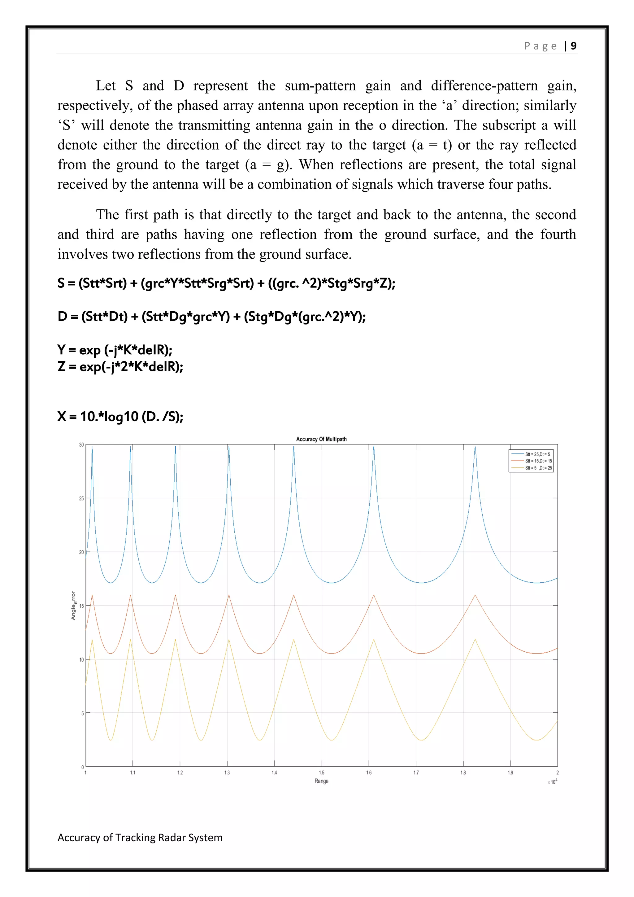 P a g e | 9
Accuracy of Tracking Radar System
Let S and D represent the sum-pattern gain and difference-pattern gain,
respectively, of the phased array antenna upon reception in the ‘a’ direction; similarly
‘S’ will denote the transmitting antenna gain in the o direction. The subscript a will
denote either the direction of the direct ray to the target (a = t) or the ray reflected
from the ground to the target (a = g). When reflections are present, the total signal
received by the antenna will be a combination of signals which traverse four paths.
The first path is that directly to the target and back to the antenna, the second
and third are paths having one reflection from the ground surface, and the fourth
involves two reflections from the ground surface.
S = (Stt*Srt) + (grc*Y*Stt*Srg*Srt) + ((grc. ^2)*Stg*Srg*Z);
D = (Stt*Dt) + (Stt*Dg*grc*Y) + (Stg*Dg*(grc.^2)*Y);
Y = exp (-j*K*delR);
Z = exp(-j*2*K*delR);
X = 10.*log10 (D. /S);
 