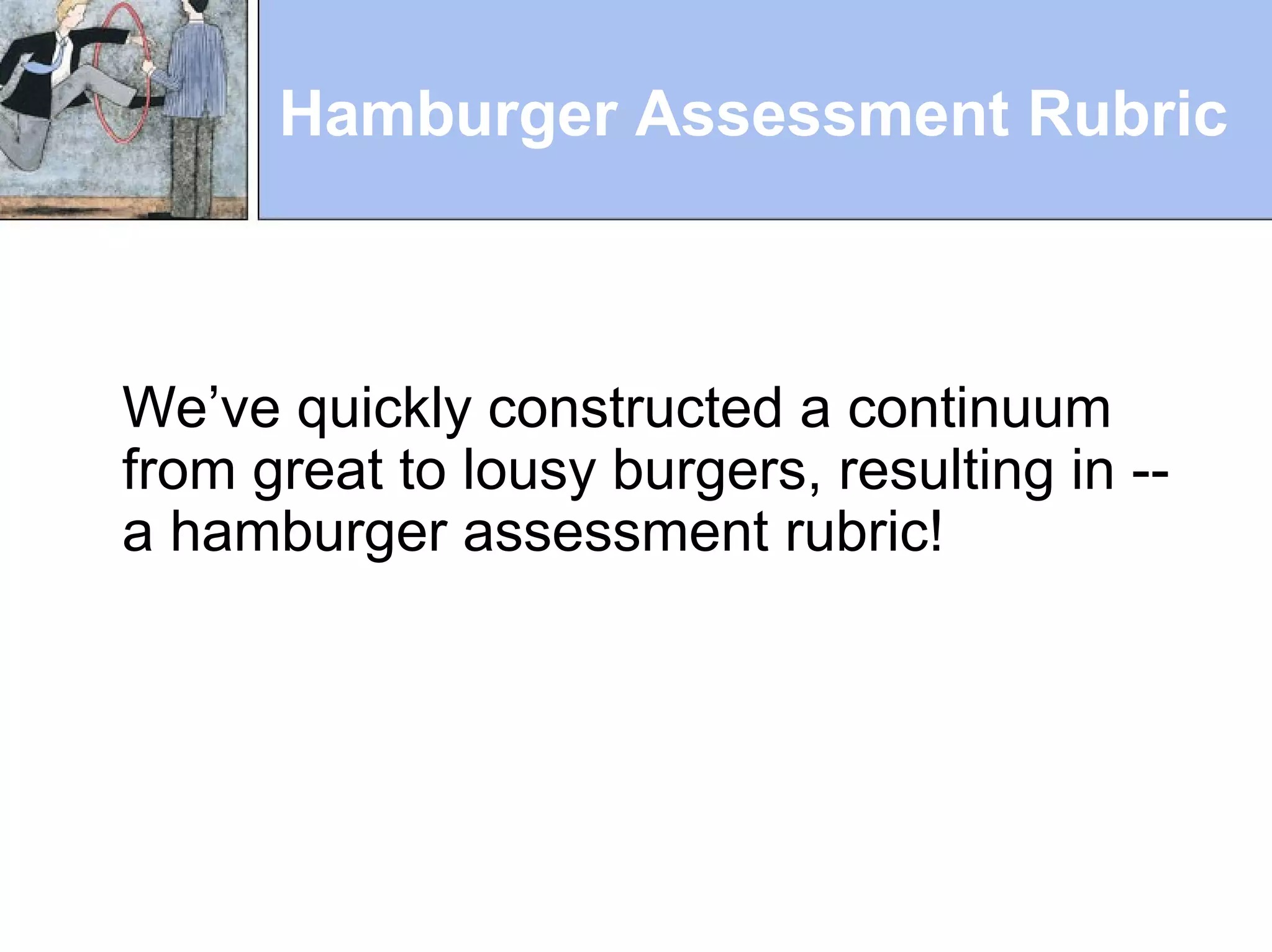 Hamburger Assessment Rubric
We’ve quickly constructed a continuum
from great to lousy burgers, resulting in --
a hamburger assessment rubric!
 