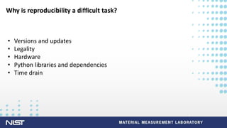 U n i v e rs i t y LO G O
Why is reproducibility a difficult task?
• Versions and updates
• Legality
• Hardware
• Python libraries and dependencies
• Time drain
 