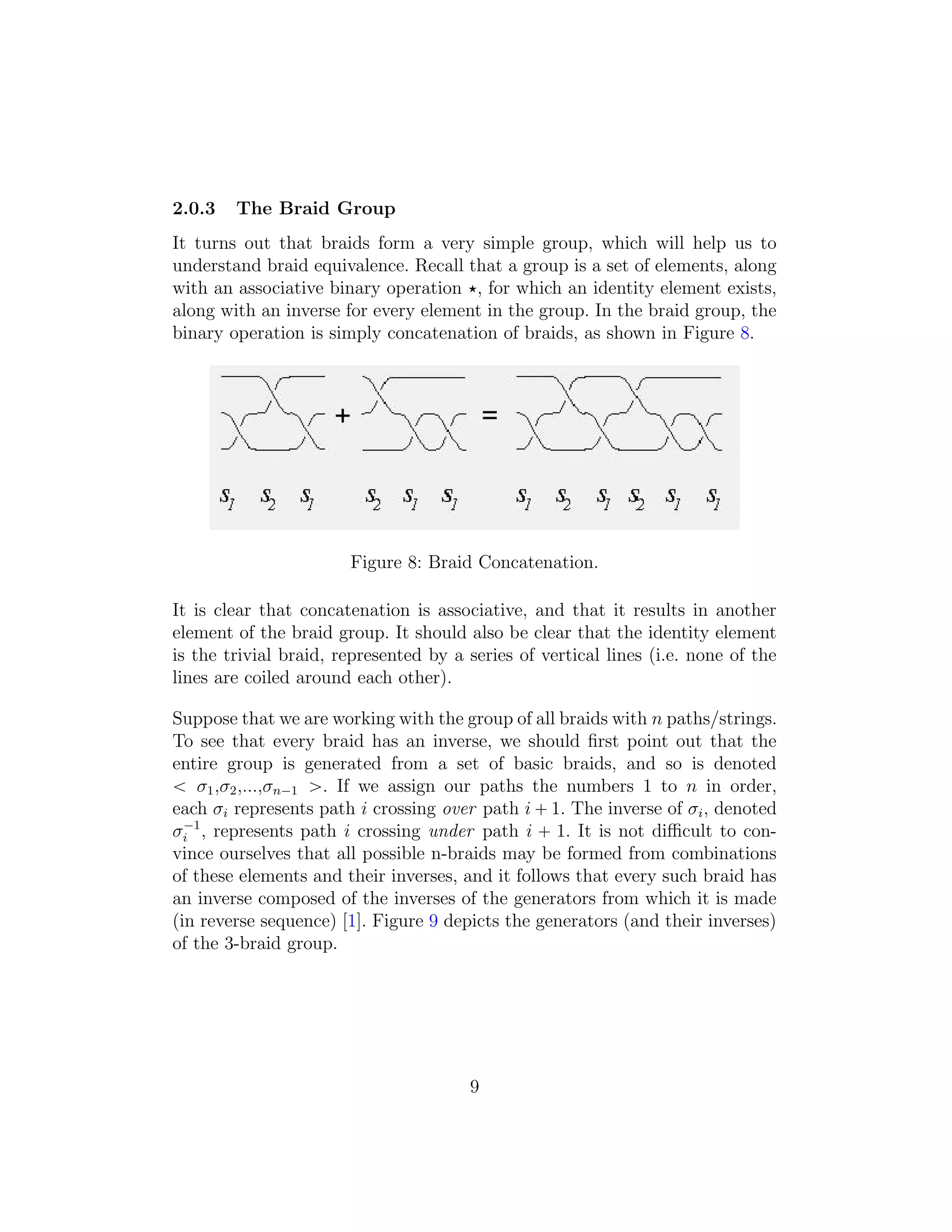 2.0.3 The Braid Group
It turns out that braids form a very simple group, which will help us to
understand braid equivalence. Recall that a group is a set of elements, along
with an associative binary operation ‹, for which an identity element exists,
along with an inverse for every element in the group. In the braid group, the
binary operation is simply concatenation of braids, as shown in Figure 8.
Figure 8: Braid Concatenation.
It is clear that concatenation is associative, and that it results in another
element of the braid group. It should also be clear that the identity element
is the trivial braid, represented by a series of vertical lines (i.e. none of the
lines are coiled around each other).
Suppose that we are working with the group of all braids with n paths/strings.
To see that every braid has an inverse, we should ﬁrst point out that the
entire group is generated from a set of basic braids, and so is denoted
ă σ1,σ2,...,σn´1 ą. If we assign our paths the numbers 1 to n in order,
each σi represents path i crossing over path i ` 1. The inverse of σi, denoted
σ´1
i , represents path i crossing under path i ` 1. It is not diﬃcult to con-
vince ourselves that all possible n-braids may be formed from combinations
of these elements and their inverses, and it follows that every such braid has
an inverse composed of the inverses of the generators from which it is made
(in reverse sequence) [1]. Figure 9 depicts the generators (and their inverses)
of the 3-braid group.
9
 