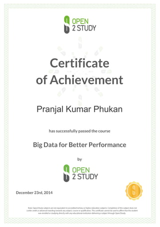 Certificate
of Achievement
Pranjal Kumar Phukan
has successfully passed the course
Big Data for Better Performance
by
December 23rd, 2014
 
