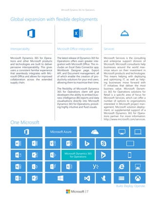 | 7
Microsoft Dynamics 365 for Operations
Global expansion with flexible deployments
Microsoft Services is the consulting
and enterprise support division of
Microsoft. Microsoft consultants help
businesses around the world max-
imize return on their investment in
Microsoft products and technologies.
This means helping with deploying
and optimizing IT, as well as help-
ing businesses move forward with
IT initiatives that deliver the most
business value. Microsoft Dynam-
ics 365 for Operations solutions for
Retail is a specific area of focus for
Microsoft Services, which can offer a
number of options to organizations
interested in Microsoft project man-
agement, Microsoft solution deploy-
ment, or supplemental support of a
Microsoft Dynamics 365 for Opera-
tions partner. For more information:
http://www.microsoft.com/services.
Services
Microsoft Dynamics 365 for Opera-
tions and other Microsoft products
and technologies are built to deliver
pervasive interoperability. This gives
users a consistent familiar experience
that seamlessly integrates with Mic-
rosoft Office and allows for improved
collaboration across the extended
supply chain.
Interoperability
The latest release of Dynamics 365 for
Operations offers even greater inte-
gration with Microsoft Office. This in-
cludes an Excel Data Connector app,
Workbook Designer page, Export
API, and Document management, all
of which enable the creation of pro-
ductivity solutions for your end users,
allowing them to maximize their time.
The flexibility of Microsoft Dynamics
365 for Operations client will give
developers the ability to embed busi-
ness intelligence (BI) reports and data
visualizations directly into Microsoft
Dynamics 365 for Operations, provid-
ing highly intuitive and fluid visuals.
Microsoft Office integration
One Microsoft
Build. Deploy. Operate.
Microsoft Dynamics 365
for Operations
 
