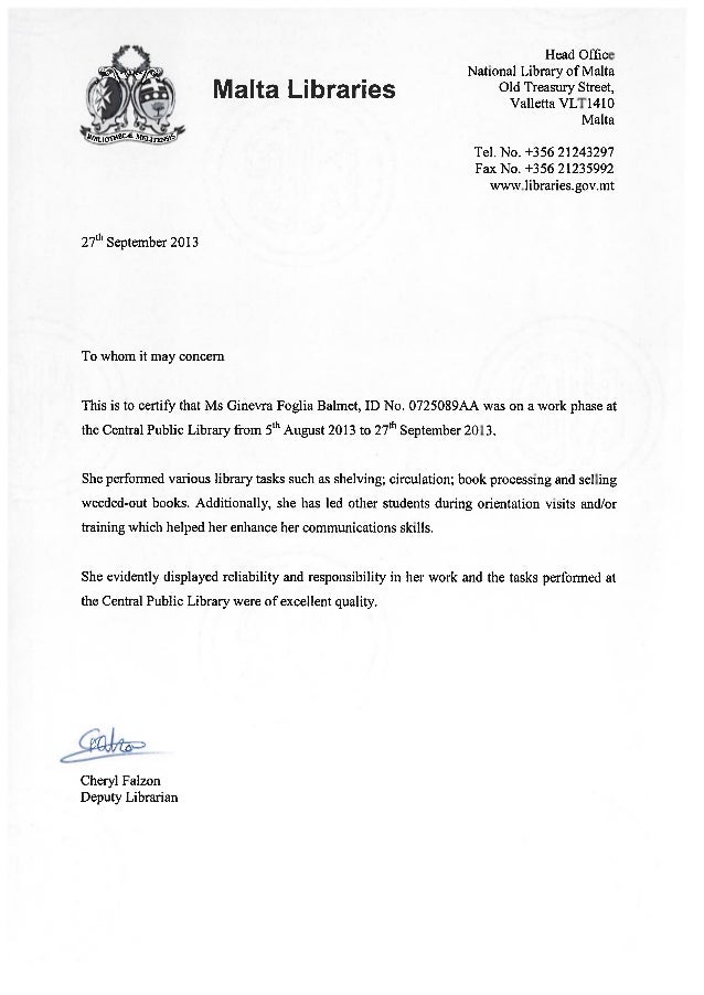 Public Library Reference Letter