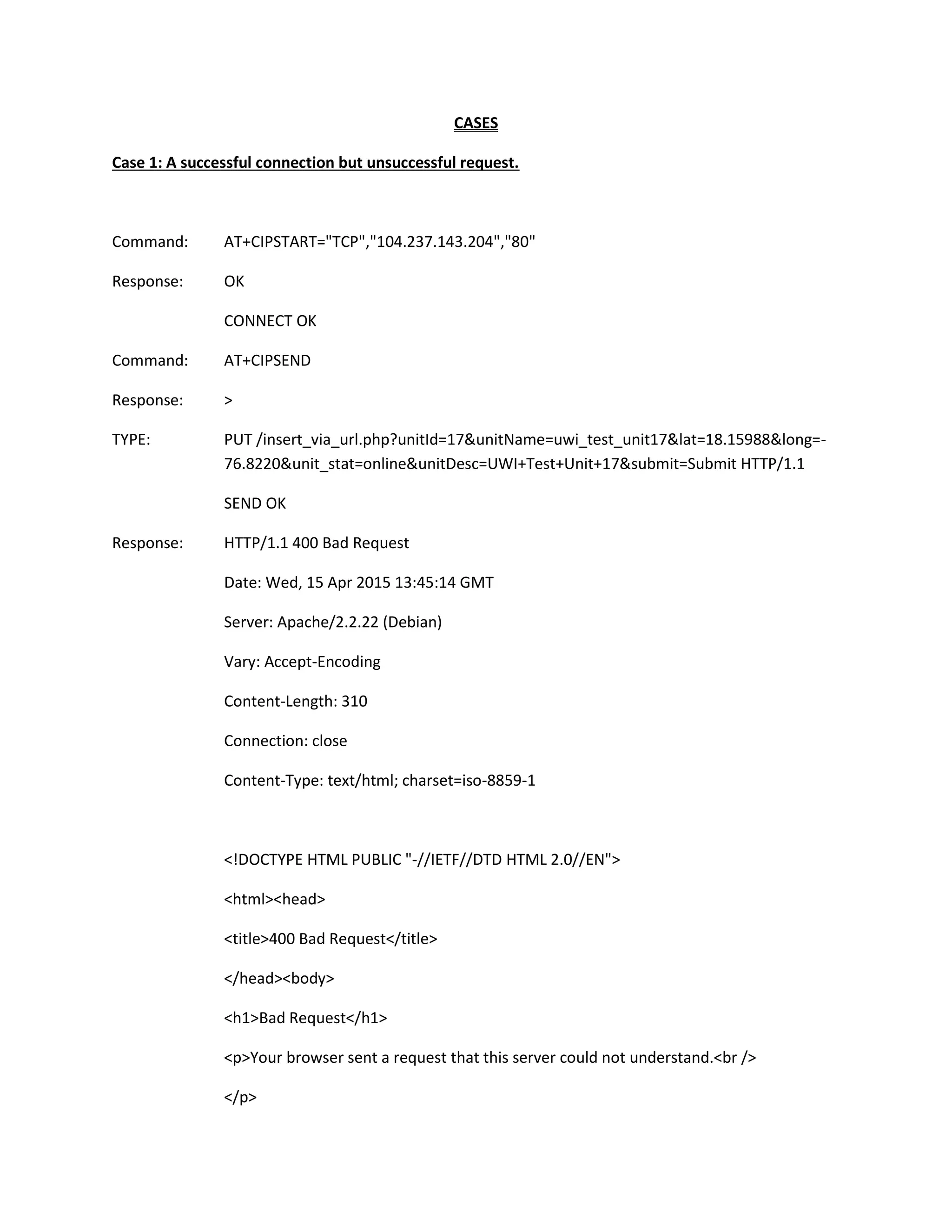 CASES
Case 1: A successful connection but unsuccessful request.
Command: AT+CIPSTART="TCP","104.237.143.204","80"
Response: OK
CONNECT OK
Command: AT+CIPSEND
Response: >
TYPE: PUT /insert_via_url.php?unitId=17&unitName=uwi_test_unit17&lat=18.15988&long=-
76.8220&unit_stat=online&unitDesc=UWI+Test+Unit+17&submit=Submit HTTP/1.1
SEND OK
Response: HTTP/1.1 400 Bad Request
Date: Wed, 15 Apr 2015 13:45:14 GMT
Server: Apache/2.2.22 (Debian)
Vary: Accept-Encoding
Content-Length: 310
Connection: close
Content-Type: text/html; charset=iso-8859-1
<!DOCTYPE HTML PUBLIC "-//IETF//DTD HTML 2.0//EN">
<html><head>
<title>400 Bad Request</title>
</head><body>
<h1>Bad Request</h1>
<p>Your browser sent a request that this server could not understand.<br />
</p>
 