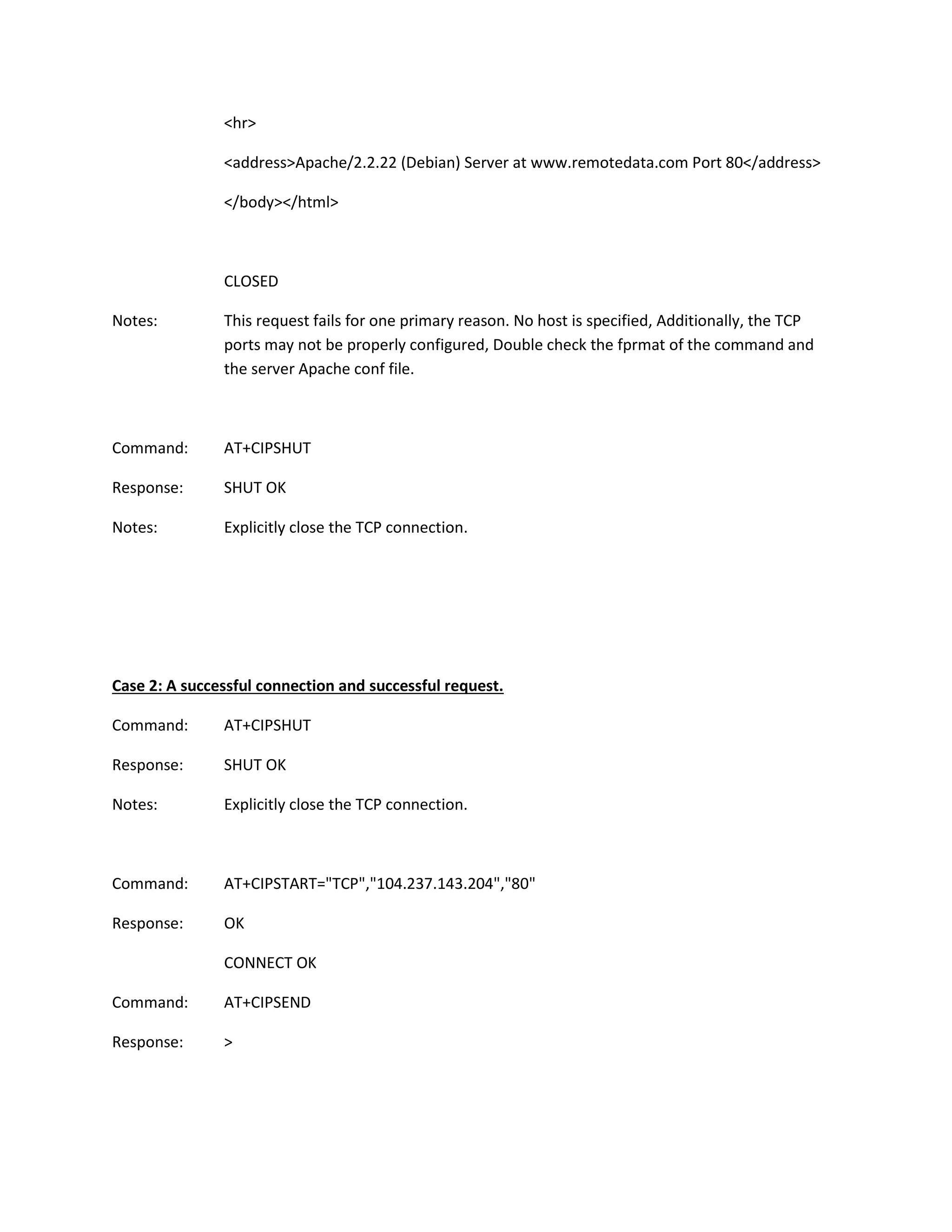 <hr>
<address>Apache/2.2.22 (Debian) Server at www.remotedata.com Port 80</address>
</body></html>
CLOSED
Notes: This request fails for one primary reason. No host is specified, Additionally, the TCP
ports may not be properly configured, Double check the fprmat of the command and
the server Apache conf file.
Command: AT+CIPSHUT
Response: SHUT OK
Notes: Explicitly close the TCP connection.
Case 2: A successful connection and successful request.
Command: AT+CIPSHUT
Response: SHUT OK
Notes: Explicitly close the TCP connection.
Command: AT+CIPSTART="TCP","104.237.143.204","80"
Response: OK
CONNECT OK
Command: AT+CIPSEND
Response: >
 