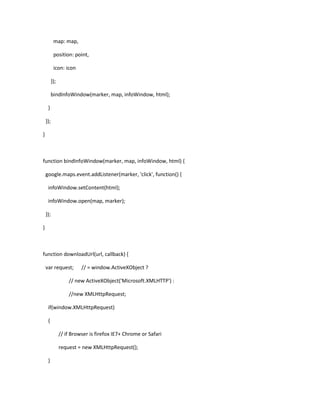 map: map,
position: point,
icon: icon
});
bindInfoWindow(marker, map, infoWindow, html);
}
});
}
function bindInfoWindow(marker, map, infoWindow, html) {
google.maps.event.addListener(marker, 'click', function() {
infoWindow.setContent(html);
infoWindow.open(map, marker);
});
}
function downloadUrl(url, callback) {
var request; // = window.ActiveXObject ?
// new ActiveXObject('Microsoft.XMLHTTP') :
//new XMLHttpRequest;
if(window.XMLHttpRequest)
{
// if Browser is firefox IE7+ Chrome or Safari
request = new XMLHttpRequest();
}
 