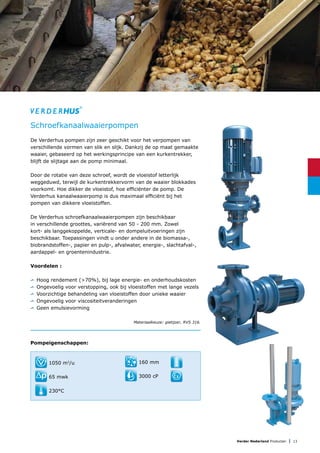 Verder Nederland Producten | 13
De Verderhus pompen zijn zeer geschikt voor het verpompen van
verschillende vormen van slik en slijk. Dankzij de op maat gemaakte
waaier, gebaseerd op het werkingsprincipe van een kurkentrekker,
blijft de slijtage aan de pomp minimaal.
Door de rotatie van deze schroef, wordt de vloeistof letterlijk
weggeduwd, terwijl de kurkentrekkervorm van de waaier blokkades
voorkomt. Hoe dikker de vloeistof, hoe efficiënter de pomp. De
Verderhus kanaalwaaierpomp is dus maximaal efficiënt bij het
pompen van dikkere vloeistoffen.
De Verderhus schroefkanaalwaaierpompen zijn beschikbaar
in verschillende groottes, variërend van 50 - 200 mm. Zowel
kort- als langgekoppelde, verticale- en dompeluitvoeringen zijn
beschikbaar. Toepassingen vindt u onder andere in de biomassa-,
biobrandstoffen-, papier en pulp-, afvalwater, energie-, slachtafval-,
aardappel- en groentenindustrie.
Voordelen :
	Hoog rendement (>70%), bij lage energie- en onderhoudskosten
	Ongevoelig voor verstopping, ook bij vloeistoffen met lange vezels
	Voorzichtige behandeling van vloeistoffen door unieke waaier
	Ongevoelig voor viscositeitveranderingen
	Geen emulsievorming
Materiaalkeuze: gietijzer, RVS 316.
Pompeigenschappen:
Schroefkanaalwaaierpompen
1050 m3
/u
65 mwk
230°C
160 mm
3000 cP
 