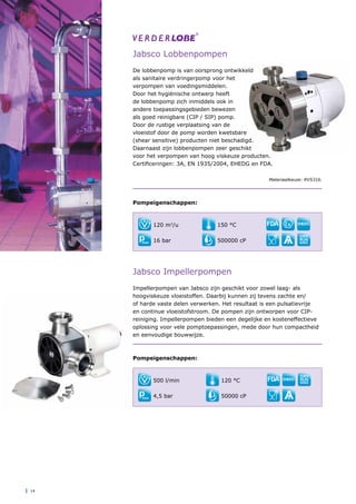 | 14
120 m3
/u
16 bar
500 l/min
4,5 bar
150 °C
500000 cP
120 °C
50000 cP
DRY
RUN
NING
Jabsco Lobbenpompen
De lobbenpomp is van oorsprong ontwikkeld
als sanitaire verdringerpomp voor het
verpompen van voedingsmiddelen.
Door het hygiënische ontwerp heeft
de lobbenpomp zich inmiddels ook in
andere toepassingsgebieden bewezen
als goed reinigbare (CIP / SIP) pomp.
Door de rustige verplaatsing van de
vloeistof door de pomp worden kwetsbare
(shear sensitive) producten niet beschadigd.
Daarnaast zijn lobbenpompen zeer geschikt
voor het verpompen van hoog viskeuze producten.
Certificeringen: 3A, EN 1935/2004, EHEDG en FDA.
Materiaalkeuze: RVS316.
Pompeigenschappen:
Jabsco Impellerpompen
Impellerpompen van Jabsco zijn geschikt voor zowel laag- als
hoogviskeuze vloeistoffen. Daarbij kunnen zij tevens zachte en/
of harde vaste delen verwerken. Het resultaat is een pulsatievrije
en continue vloeistofstroom. De pompen zijn ontworpen voor CIP-
reiniging. Impellerpompen bieden een degelijke en kosteneffectieve
oplossing voor vele pomptoepassingen, mede door hun compactheid
en eenvoudige bouwwijze.
Pompeigenschappen:
DRY
RUN
NING
 