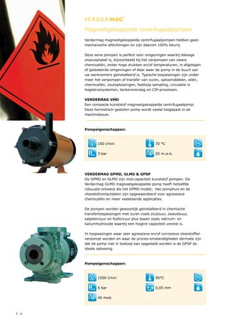 | 16
Verdermag magneetgekoppelde centrifugaalpompen hebben geen
mechanische afdichtingen en zijn daarom 100% lekvrij.
Deze serie pompen is perfect voor omgevingen waarbij lekkage
onacceptabel is, bijvoorbeeld bij het verpompen van zware
chemicaliën, onder hoge drukken en/of temperaturen, in afgelegen
of geïsoleerde omgevingen of daar waar de pomp in de buurt van
uw werknemers geïnstalleerd is. Typische toepassingen zijn onder
meer het verpompen of transfer van zuren, oplosmiddelen, oliën,
chemicaliën, zoutoplossingen, fastloop sampling, circulatie in
hogedruksystemen, tankeroverslag en CIP-processen.
VERDERMAG VMD
Een compacte kunststof magneetgekoppelde centrifugaalpomp.
Deze hermetisch gesloten pomp wordt veelal toegepast in de
machinebouw.
Pompeigenschappen:
Magneetgekoppelde centrifugaalpompen
Verdermag GPMD, GLMD & GPSP
De GPMD en GLMD zijn mid-capaciteit kunststof pompen. De
Verdermag GLMD magneetgekoppelde pomp heeft hetzelfde
robuuste ontwerp als het GPMD model; Het pomphuis en de
vloeistofcontactdelen zijn opgewaardeerd voor agressieve
chemicaliën en meer veeleisende applicaties.
De pompen worden gewoonlijk geïnstalleerd in chemische
transfertoepassingen met zuren zoals zoutzuur, zwavelzuur,
salpeterzuur en fosforzuur plus basen zoals natrium- en
kaliumhydroxide waarbij een hogere capaciteit vereist is.
In toepassingen waar zeer agressieve en/of corrosieve vloeistoffen
verpompt worden en waar de proces-omstandigheden dermate zijn
dat de pomp niet in toeloop kan opgesteld worden is de GPSP de
ideale oplossing.
Pompeigenschappen:
100 l/min
3 bar
70 °C
20 m.w.k.
SEAL
LESS
1500 l/min
6 bar
40 mwk
90°C
0,05 mm
SEAL
LESS
 