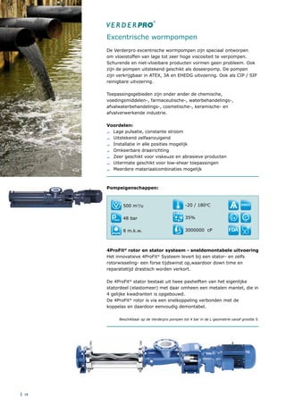 | 18
De Verderpro excentrische wormpompen zijn speciaal ontworpen
om vloeistoffen van lage tot zeer hoge viscositeit te verpompen.
Schurende en niet-vloeibare producten vormen geen probleem. Ook
zijn de pompen uitstekend geschikt als doseerpomp. De pompen
zijn verkrijgbaar in ATEX, 3A en EHEDG uitvoering. Ook als CIP / SIP
reinigbare uitvoering.
Toepassingsgebieden zijn onder ander de chemische,
voedingsmiddelen-, farmaceutische-, waterbehandelings-,
afvalwaterbehandelings-, cosmetische-, keramische- en
afvalverwerkende industrie.	
Voordelen:
	 Lage pulsatie, constante stroom
	 Uitstekend zelfaanzuigend
	 Installatie in alle posities mogelijk
	 Omkeerbare draairichting
	 Zeer geschikt voor viskeuze en abrasieve producten
	 Uitermate geschikt voor low-shear toepassingen
	 Meerdere materiaalcombinaties mogelijk
Pompeigenschappen:
Excentrische wormpompen
500 m3
/u
48 bar
8 m.k.w.
-20 / 180o
C
35%
3000000 cP
4ProFit®
rotor en stator systeem - sneldemontabele uitvoering
Het innovatieve 4ProFit®
Systeem levert bij een stator- en zelfs
rotorwisseling- een forse tijdswinst op,waardoor down time en
reparatietijd drastisch worden verkort.
De 4ProFit®
stator bestaat uit twee pashelften van het eigenlijke
statordeel (elastomeer) met daar omheen een metalen mantel, die in
4 gelijke kwadranten is opgebouwd.
De 4ProFit®
rotor is via een snelkoppeling verbonden met de
koppelas en daardoor eenvoudig demontabel.
Beschikbaar op de Verderpro pompen tot 4 bar in de L-geometrie vanaf grootte 5.
 