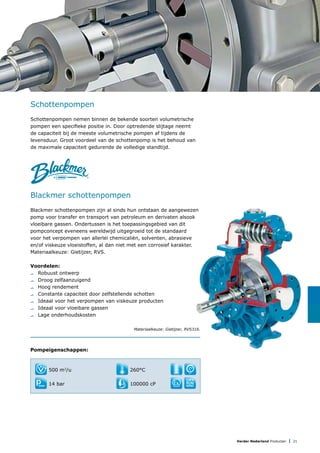 Verder Nederland Producten | 21
Schottenpompen nemen binnen de bekende soorten volumetrische
pompen een specifieke positie in. Door optredende slijtage neemt
de capaciteit bij de meeste volumetrische pompen af tijdens de
levensduur. Groot voordeel van de schottenpomp is het behoud van
de maximale capaciteit gedurende de volledige standtijd.
Blackmer schottenpompen zijn al sinds hun ontstaan de aangewezen
pomp voor transfer en transport van petroleum en derivaten alsook
vloeibare gassen. Ondertussen is het toepassingsgebied van dit
pompconcept eveneens wereldwijd uitgegroeid tot de standaard
voor het verpompen van allerlei chemicaliën, solventen, abrasieve
en/of viskeuze vloeistoffen, al dan niet met een corrosief karakter.
Materiaalkeuze: Gietijzer, RVS.
Voordelen:
	 Robuust ontwerp
	 Droog zelfaanzuigend
	 Hoog rendement
	 Constante capaciteit door zelfstellende schotten
	 Ideaal voor het verpompen van viskeuze producten
	 Ideaal voor vloeibare gassen
	 Lage onderhoudskosten
Materiaalkeuze: Gietijzer, RVS316.
Pompeigenschappen:
Schottenpompen
Blackmer schottenpompen
500 m3
/u
14 bar
260°C
100000 cP
DRY
RUN
NING
 