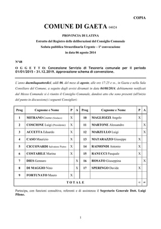 1 
COPIA 
COMUNE DI GAETA 04024 
PROVINCIA DI LATINA 
Estratto del Registro delle deliberazioni del Consiglio Comunale 
Seduta pubblica Straordinaria Urgente – 1ª convocazione 
in data 06 agosto 2014 
N°48 
O G G E T T O: Concessione Servizio di Tesoreria comunale per il periodo 
01/01/2015 - 31.12.2019. Approvazione schema di convenzione. 
L’anno duemilaquattordici, addì 06, del mese di agosto, alle ore 17:25 e ss., in Gaeta e nella Sala 
Consiliare del Comune, a seguito degli avvisi diramati in data 04/08/2014, debitamente notificati 
dal Messo Comunale si è riunito il Consiglio Comunale, dandosi atto che sono presenti (all'inizio 
del punto in discussione) i seguenti Consiglieri: 
Prog Cognome e Nome P A Prog Cognome e Nome P A 
1 MITRANO Cosmo (Sindaco) X 10 MAGLIOZZI Angelo X 
2 COSCIONE Luigi (Presidente) X 11 MARTONE Alessandro X 
3 ACCETTA Eduardo X 12 MARZULLO Luigi X 
4 CASO Maurizio X 13 MATARAZZO Giuseppe X 
5 CICCONARDI Salvatore Pietro X 14 RAIMONDI Antonio X 
6 COSTABILE Marina X 15 RANUCCI Pasquale X 
7 DIES Gennaro X 16 ROSATO Giuseppina X 
8 DI MAGGIO Nino X 17 SPERINGO Davide X 
9 FORTUNATO Mauro X 
T O T A L E 12 05 
Partecipa, con funzioni consultive, referenti e di assistenza il Segretario Generale Dott. Luigi 
Pilone. 
 