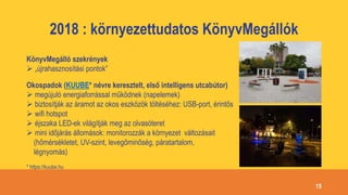 2018 : környezettudatos KönyvMegállók
KönyvMegálló szekrények
 „újrahasznosítási pontok”
Okospadok (KUUBE* névre keresztelt, első intelligens utcabútor)
 megújuló energiaforrással működnek (napelemek)
 biztosítják az áramot az okos eszközök töltéséhez: USB-port, érintős
 wifi hotspot
 éjszaka LED-ek világítják meg az olvasóteret
 mini időjárás állomások: monitorozzák a környezet változásait
(hőmérsékletet, UV-szint, levegőminőség, páratartalom,
légnyomás)
* https://kuube.hu
15
 