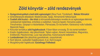 Zöld könyvtár – zöld rendezvények
 Gyógynövényekkel a testi-lelki egészségért (Slow Food, Tündérkert) ; Békási Klímakör
 Ismeretterjesztő előadások: Madárvonulás, Spájz, Klímamentő hétköznapok
 Családi zöld kuckó – öko klub (a környezettudatosságra nevelés és az egészséges életmód
szokásainak kialakítása, erősítése a családban, hasznos tippek): Kenyeres pajtás,
Fenyővarázs, Újrapapír a háztartásban, Párnacsata, Én kis kertem, Karácsonyi nulla hulladék,
Beporzók Napja
 Könyvtári tematikus zöld foglalkozások: Fűben-fában orvosság, Én kis kertet kerteltem
 Kreatív foglalkozások, népi játszóházak: Tejben-vajban, Adventi mézesbábos, Magvarázs,
Erdőkerülő, Pásztorünnep, Luca napi játszóház, Kukoricacsuhé betlehem
 Lombsátorozó (öko játszóház gyerekeknek, csoportoknak)
 Kerti táborok, szabadtéri foglalkozások: A só, Kerti lovagok
 Mozgókönyvtári foglalkozás: Ezüsthegyi Felfedező
33
 