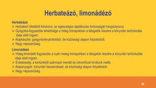 Herbateázó, limonádézó
Herbateázó
 Herbakert ötletéből kiindulva, az egészséges táplálkozás fontosságát hangsúlyozva.
 Gyógytea-fogyasztás lehetősége a hideg hónapokban a látogatók részére a könyvtári tartózkodás
ideje alatt ingyen.
 Alapkészlet: gyógynövényboltokból, de közösségi alapon folytatódott.
 Nagy népszerűség.
Limonádézó
 Hideg limonádé fogyasztás a nyári meleg hónapokban a látogatók részére a könyvtári tartózkodás
ideje alatt ingyen.
 Érdekesség: a kertünkből származó mentát és citromfüvet kínálunk mellé.
 Alapanyagok: könyvtári beszerzéssel, de közösségi alapon folytatódott.
 Nagy népszerűség.
39
 