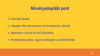 Növényadoptáló pont
 Használói kérésre
 Látogatók által adományozott növényhagymák, palánták
 Jellemzően a tavaszi és őszi időszakban
 Információkkal ellátva, ingyen továbbadjuk az érdeklődőknek
49
 