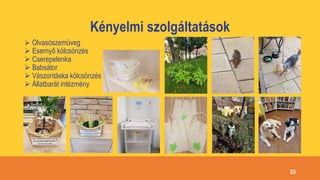 Kényelmi szolgáltatások
 Olvasószemüveg
 Esernyő kölcsönzés
 Cserepelenka
 Babsátor
 Vászontáska kölcsönzés
 Állatbarát intézmény
53
 